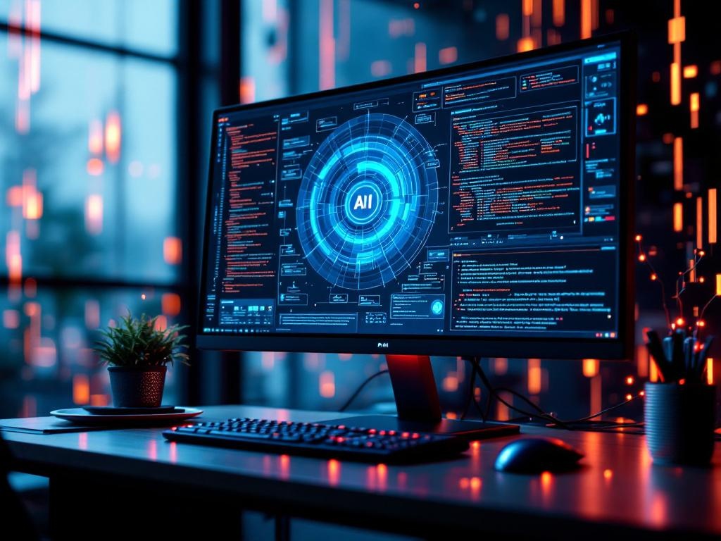 현대 소프트웨어 개발자의 작업공간 모습, 큰 모니터에 복잡한 코드와 GLM-4.6 AI 모델 구조가 보이는 장면