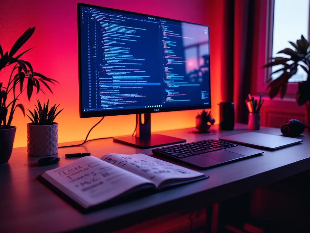 2025년 전자정부 프레임워크 개발자를 위한 최신 개발 환경을 보여주는 책상과 모니터, 노트북, 아키텍처 다이어그램이 있는 이미지